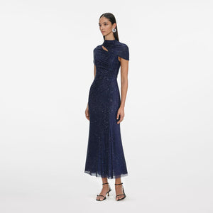 SP VIP PRICE Navy Rhinestone Mesh Cut Out Midi Dress