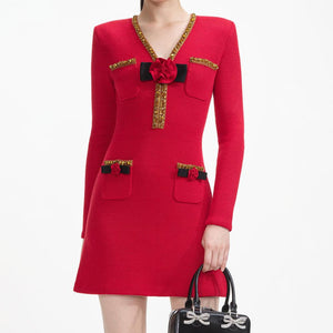 SELF PORTRAIT SS24 Red Textured Knit Corsage Mini Dress