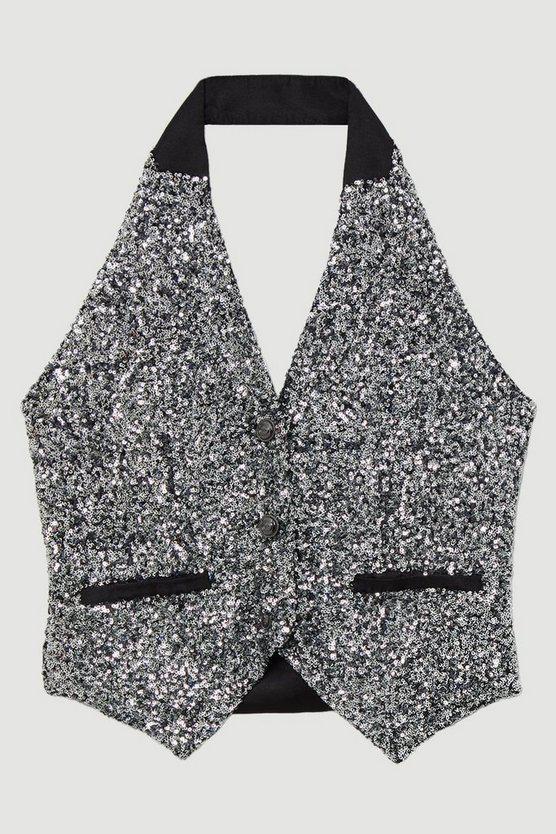 Karen Millen UK SALE Sequin Halter Neck Waistcoat - gun metal