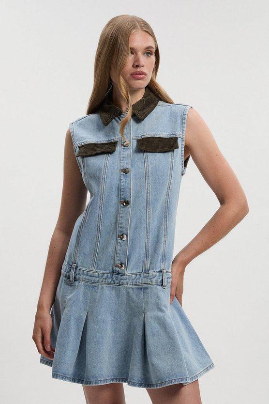 Karen Millen UK SALE Denim and Cord Mix Mini Dress