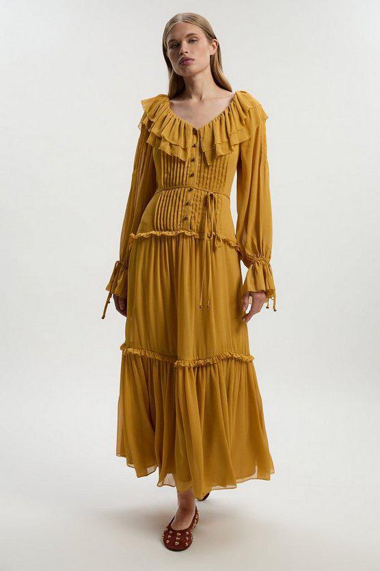 Karen Millen UK SALE Georgette Ruffle Woven Maxi Dress - ochre