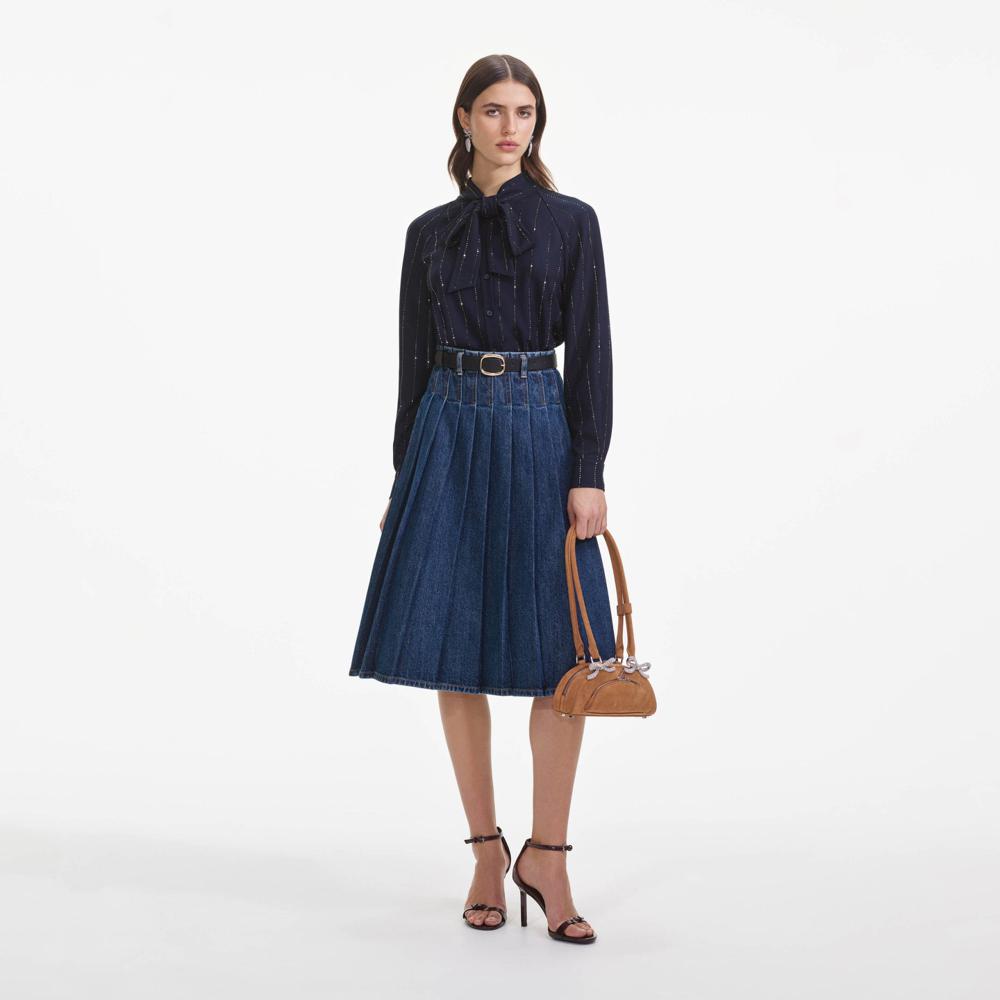 SP VIP PRICE Pleated Denim Midi Skirt