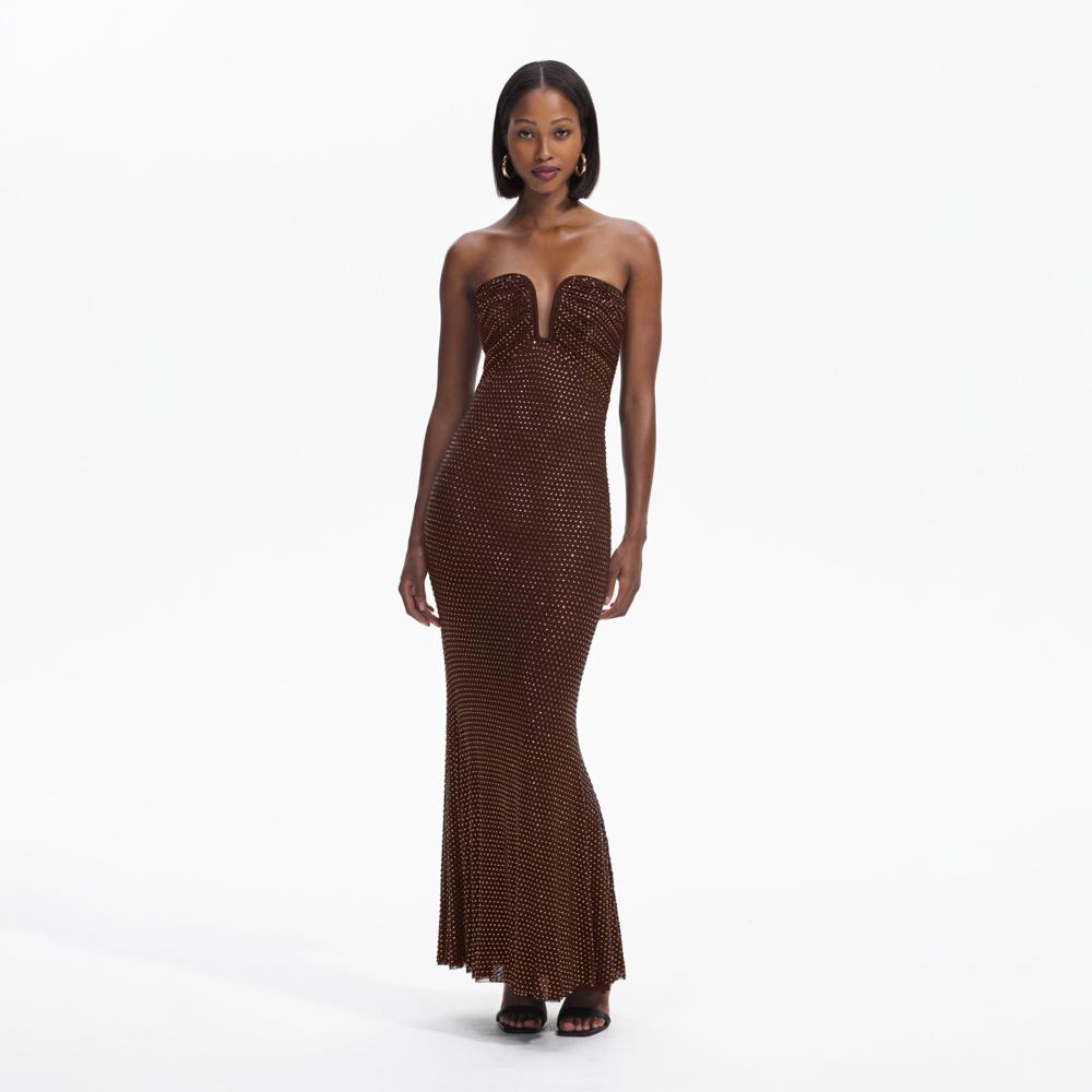 SELF PORTRAIT BLACK FRIDAY SALE Brown Rhinestone Mesh Maxi Dress