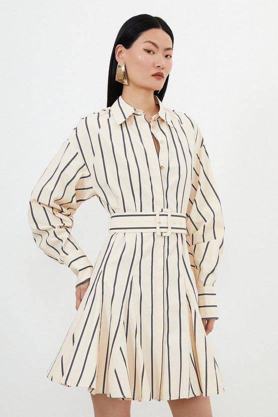 Karen Millen UK SALE Cotton Stripe Godet Insert Woven Shirt Dress