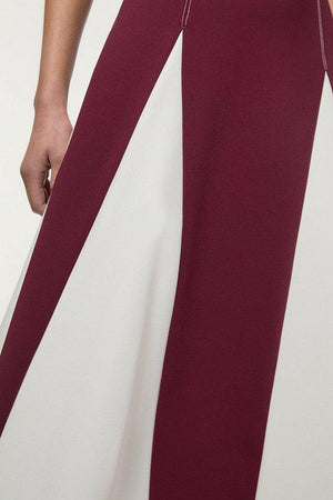 Karen Millen UK SALE Compact Stretch Tailored Colour Block Full Skirted Midi Dress - fig