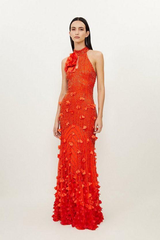 Karen Millen UK SALE Floral Applique Crystal Embellished Woven Maxi Rosette Maxi Dress - orange