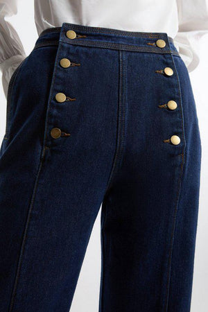 Karen Millen UK SALE Denim Tailored Button Front Straight Leg Jeans - indigo