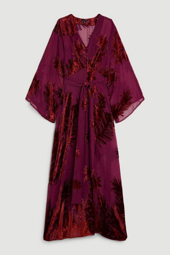 Karen Millen UK SALE Feather Devore Woven Kimono Maxi Dress - fig