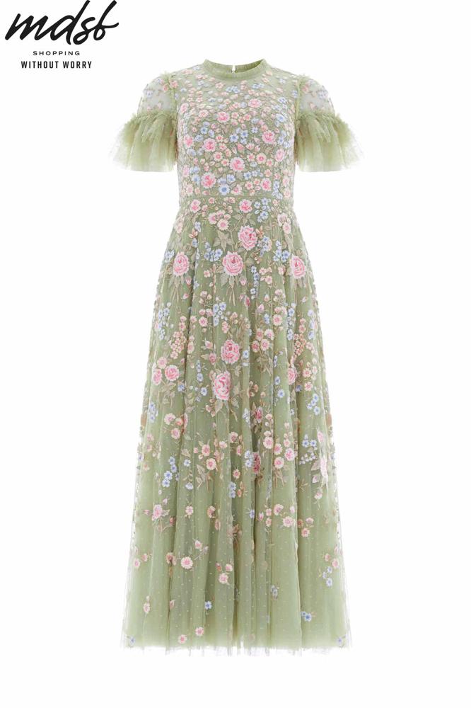 Needle & Thread PO and SALE Antoinettes Floral Round Neck Ankle Gown - green