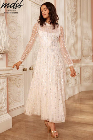 Needle & Thread CHRISTMAS SALE Raindrop Long Sleeve Ankle Gown - champagne