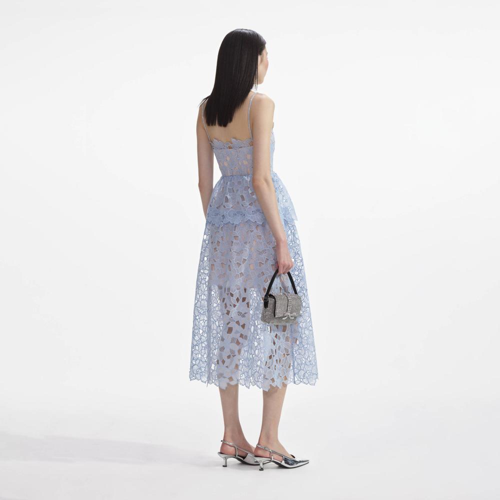 SELF PORTRAIT SS24 Blue Organza Lace Midi Dress