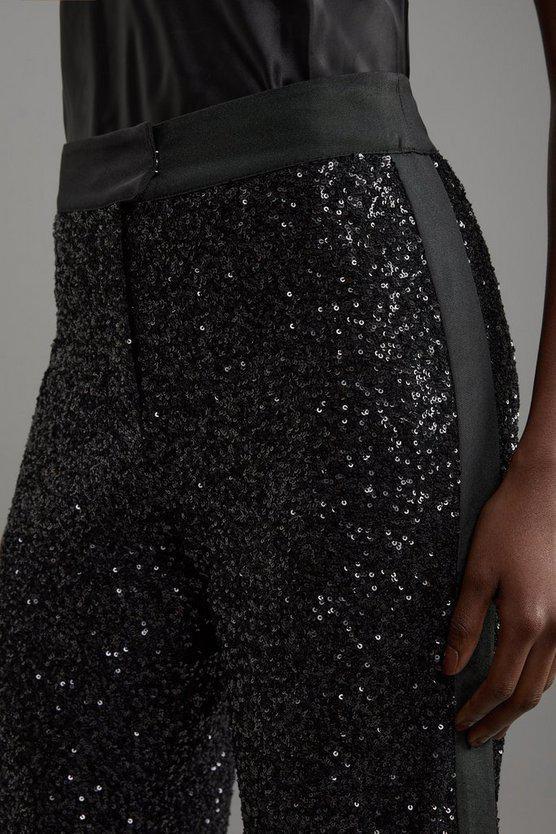 Karen Millen UK SALE Sequin High Waisted Wide Leg Trousers - black