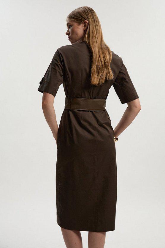 Karen Millen UK SALE Cotton & Faux Leather Tab Utility Midi Dress - chocolate