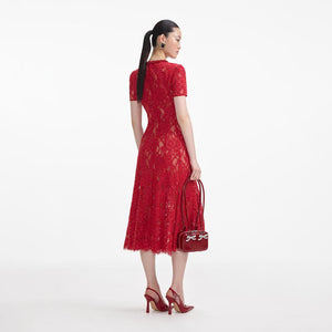 SELF PORTRAIT SS24 Red Sequin Lace Midi Dress