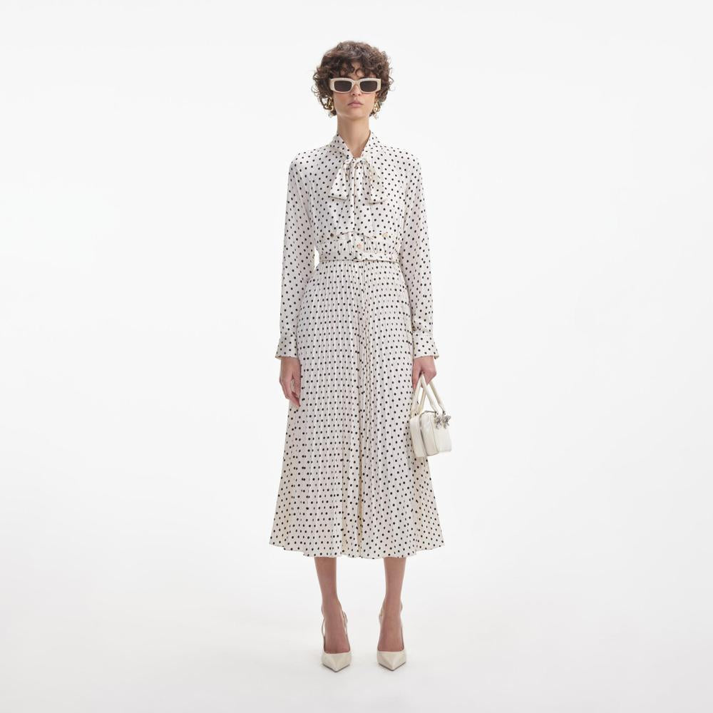 SELF PORTRAIT SS24 Cream Polka Dot Satin Midi Dress