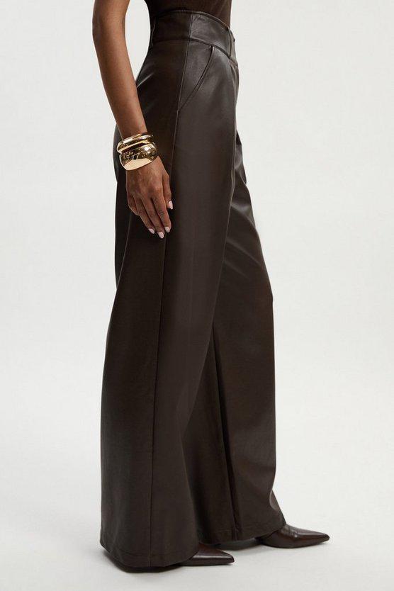 Karen Millen UK SALE Faux Leather High Waisted Wide Leg Trousers - chocolate