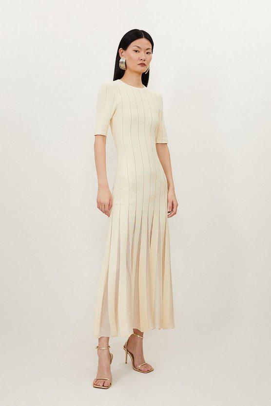 Karen Millen UK SALE Viscose Blend Filament Full Skirt Knit Midi Dress - ivory