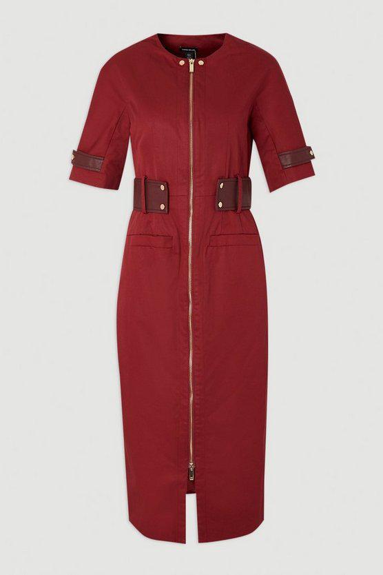 Karen Millen UK SALE Cotton & Faux Leather Tab Utility Midi Dress - burgundy