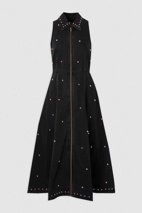 Karen Millen UK SALE Denim Studded Sleeveless Midi Dress