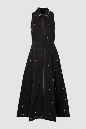 Karen Millen UK SALE Denim Studded Sleeveless Midi Dress