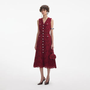 SELF PORTRAIT SS24 Burgundy Lace Buttoned Midi Dress