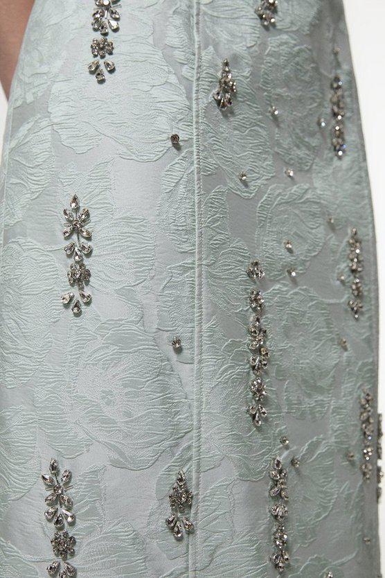 Karen Millen UK SALE Texture Jacquard Crystal Embellished Strapless Mini Dress - sage