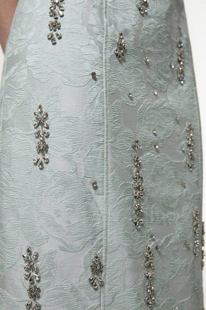 Karen Millen UK SALE Texture Jacquard Crystal Embellished Strapless Mini Dress - sage
