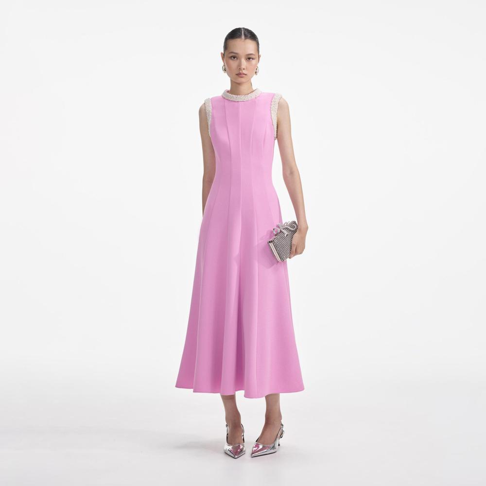 SELF PORTRAIT SS24 Pink Crepe Pearl Trim Midi Dress