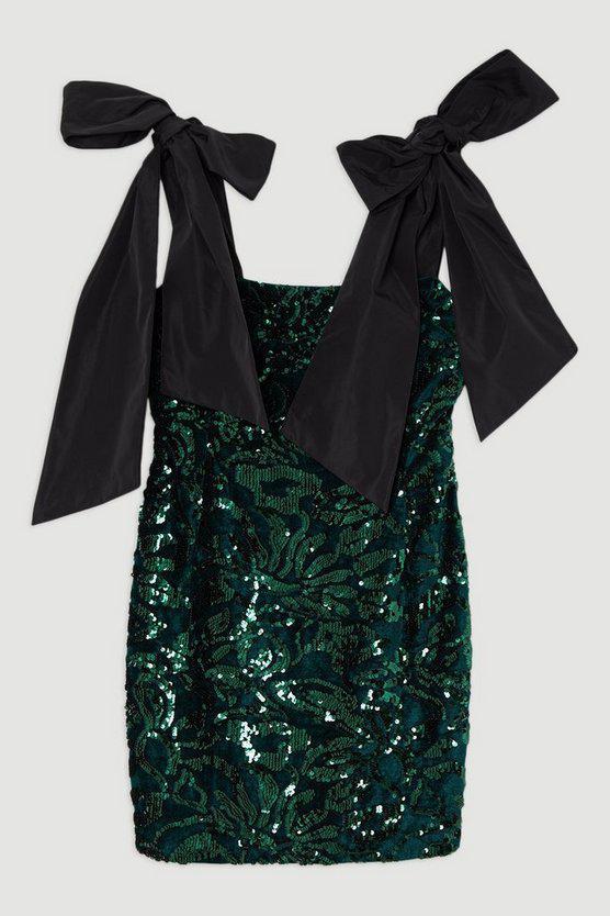 Karen Millen UK SALE Velvet Sequin Woven Mini Dress With Taffeta Bow Tie Detail