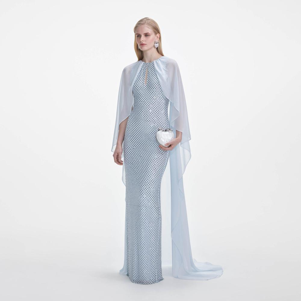 SELF PORTRAIT SS25 VIP PRICE Pale Blue Rhinestone Cape Maxi Dress