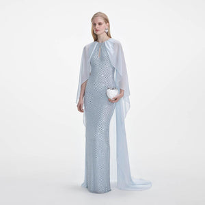 SELF PORTRAIT SS25 VIP PRICE Pale Blue Rhinestone Cape Maxi Dress