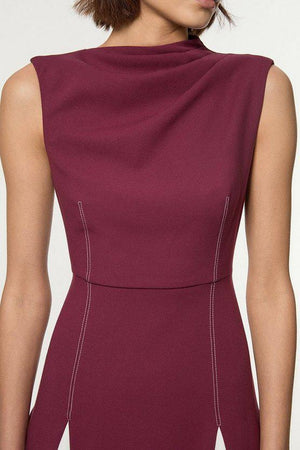 Karen Millen UK SALE Compact Stretch Tailored Colour Block Full Skirted Midi Dress - fig