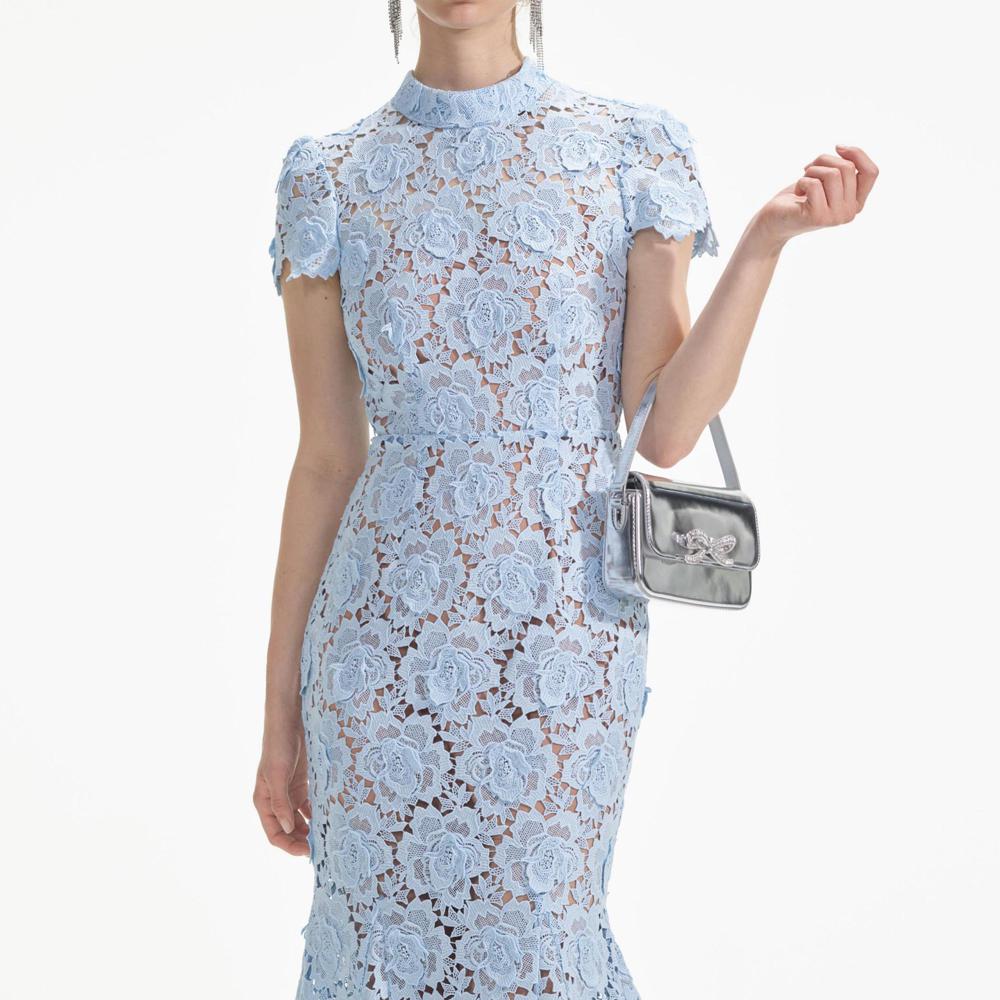 SELF PORTRAIT SS24 Blue Flower Lace Midi Dress