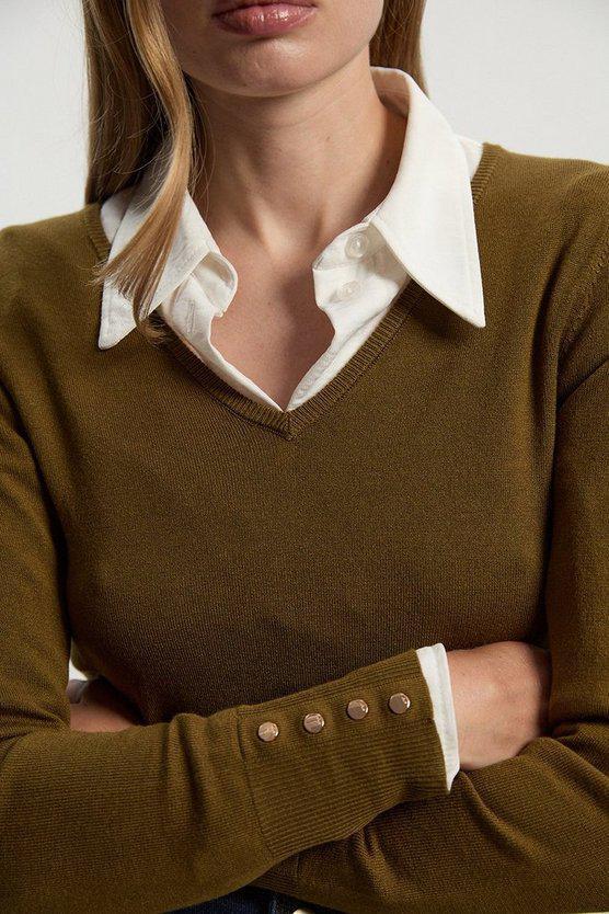 Karen Millen UK SALE Viscose Blend Knitted V Neck Jumper - olive