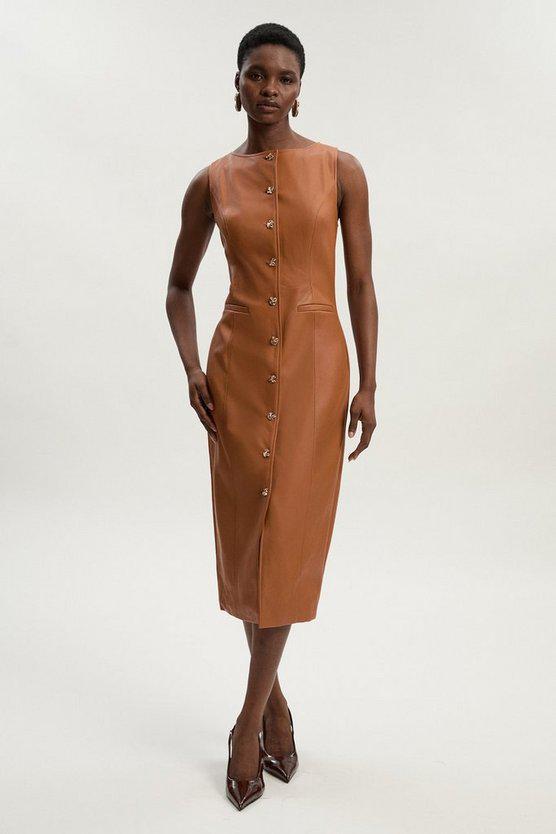 Karen Millen UK SALE Faux Leather Button Detail Midi Pencil Dress - camel