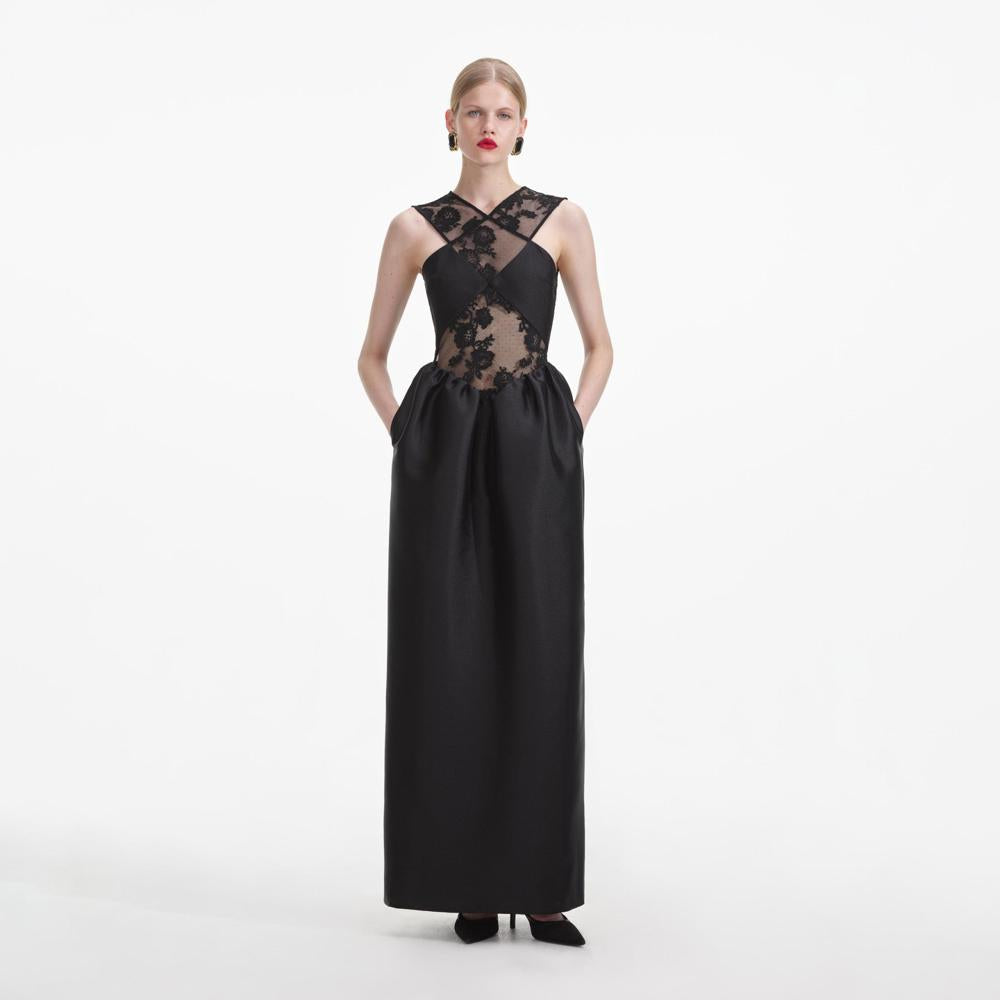 SELF PORTRAIT SS24 Black Lace Taffeta Maxi Dress