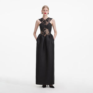 SELF PORTRAIT SS24 Black Lace Taffeta Maxi Dress