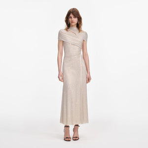 SP VIP PRICE Champagne Rhinestone Mesh Cut Out Midi Dress