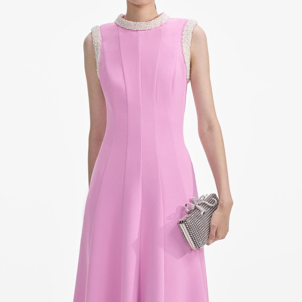 SP VIP PRICE Pink Crepe Pearl Trim Midi Dress