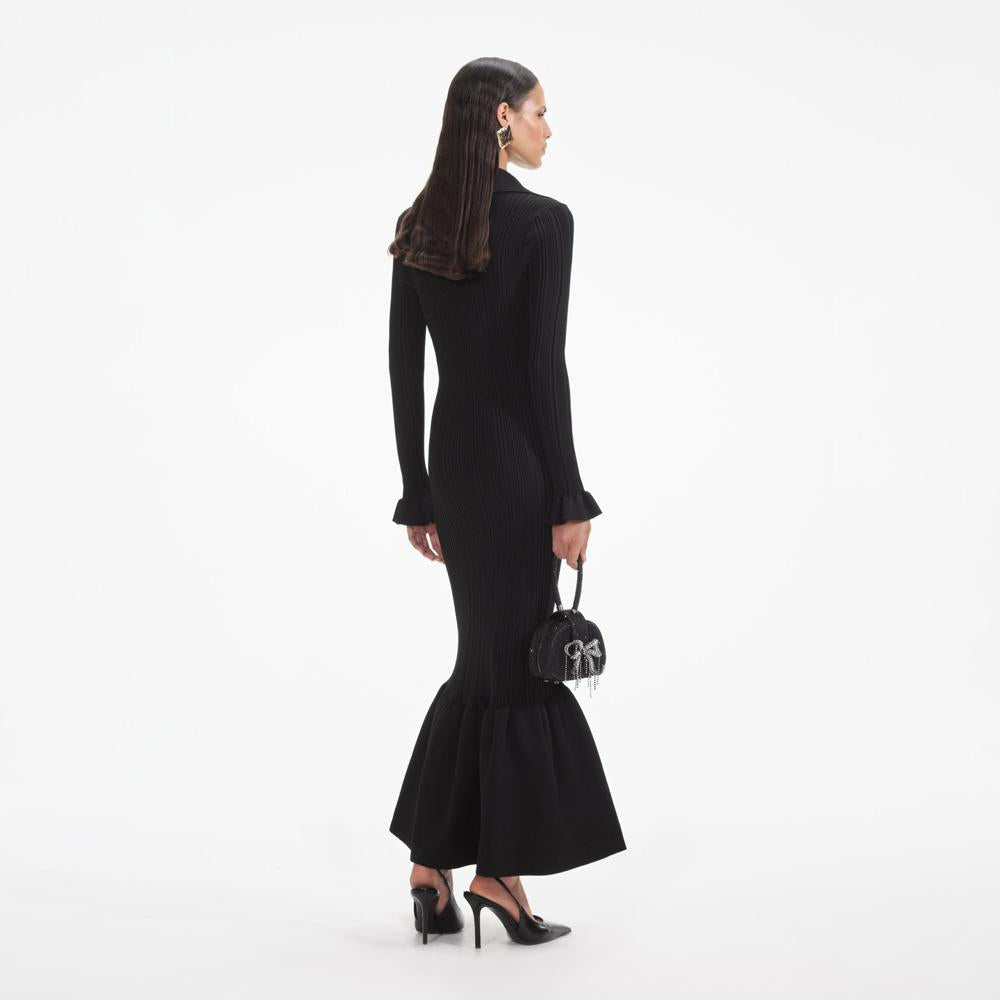 SELF PORTRAIT SS24 Black Ribbed Knit Fluted Midi Dress