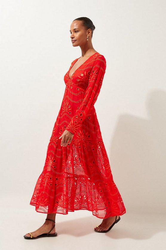 Karen Millen UK SALE Viscose Georgette Cutwork Beach Maxi Dress - red