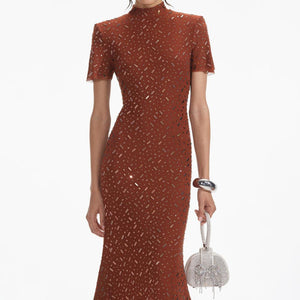 SELF PORTRAIT SS24 Brown Square Rhinestone Mesh Midi Dress