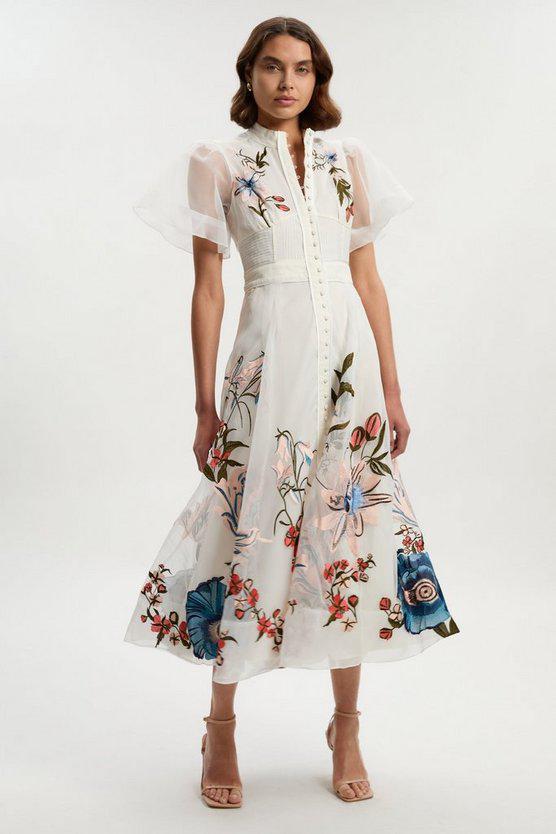 Karen Millen UK SALE Botanical Embroidery Organdie Angel Sleeve Midi Dress