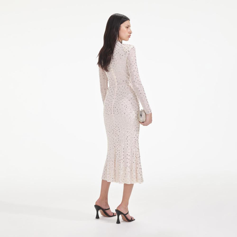 SELF PORTRAIT SS24 Champagne Rhinestone Mesh Midi Dress