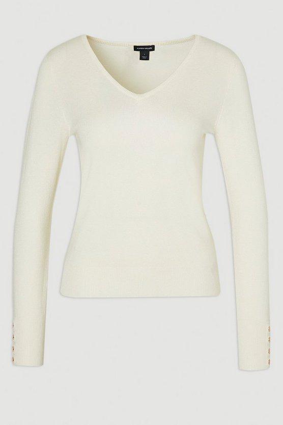 Karen Millen UK SALE Viscose Blend Knitted V Neck Jumper - cream