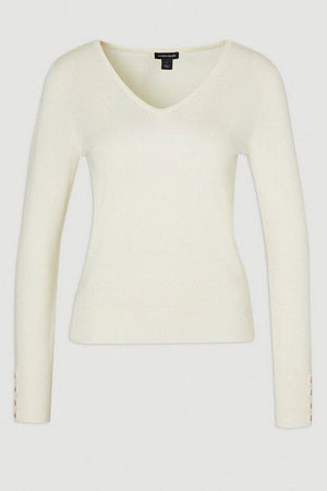 Karen Millen UK SALE Viscose Blend Knitted V Neck Jumper - cream