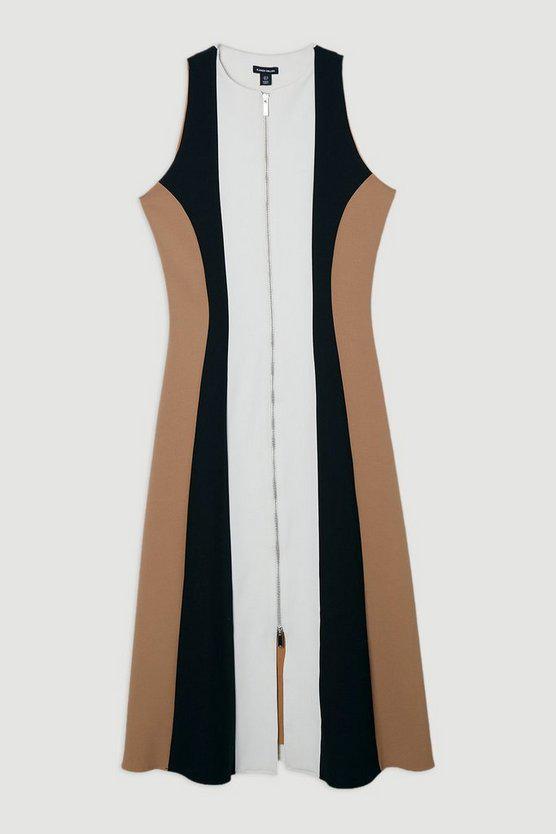 Karen Millen UK SALE Compact Stretch Zip Through Colourblock Tailored Midi Dress