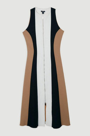 Karen Millen UK SALE Compact Stretch Zip Through Colourblock Tailored Midi Dress