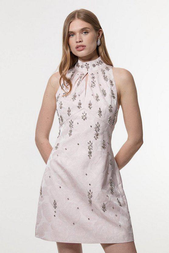Karen Millen UK SALE Texture Jacquard Crystal Embellished High Neck Woven Mini Dress - pink
