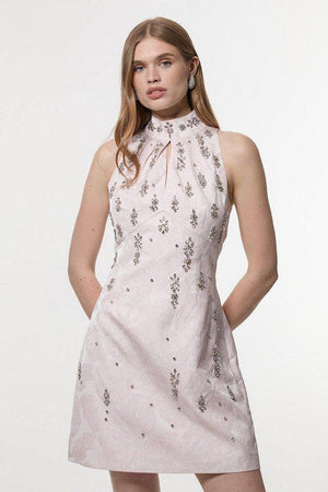 Karen Millen UK SALE Texture Jacquard Crystal Embellished High Neck Woven Mini Dress - pink